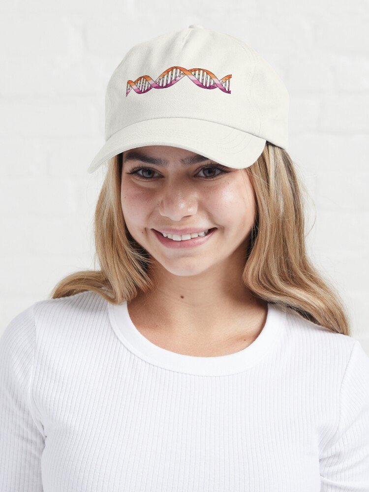 woman wearing a lesbian flag design baseball cap
