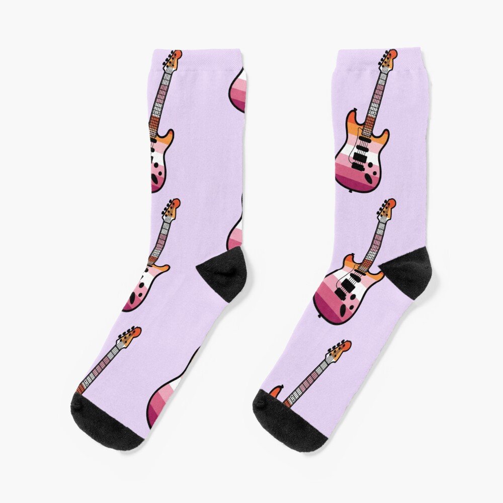 pair of socks with lesbian flag guitar design