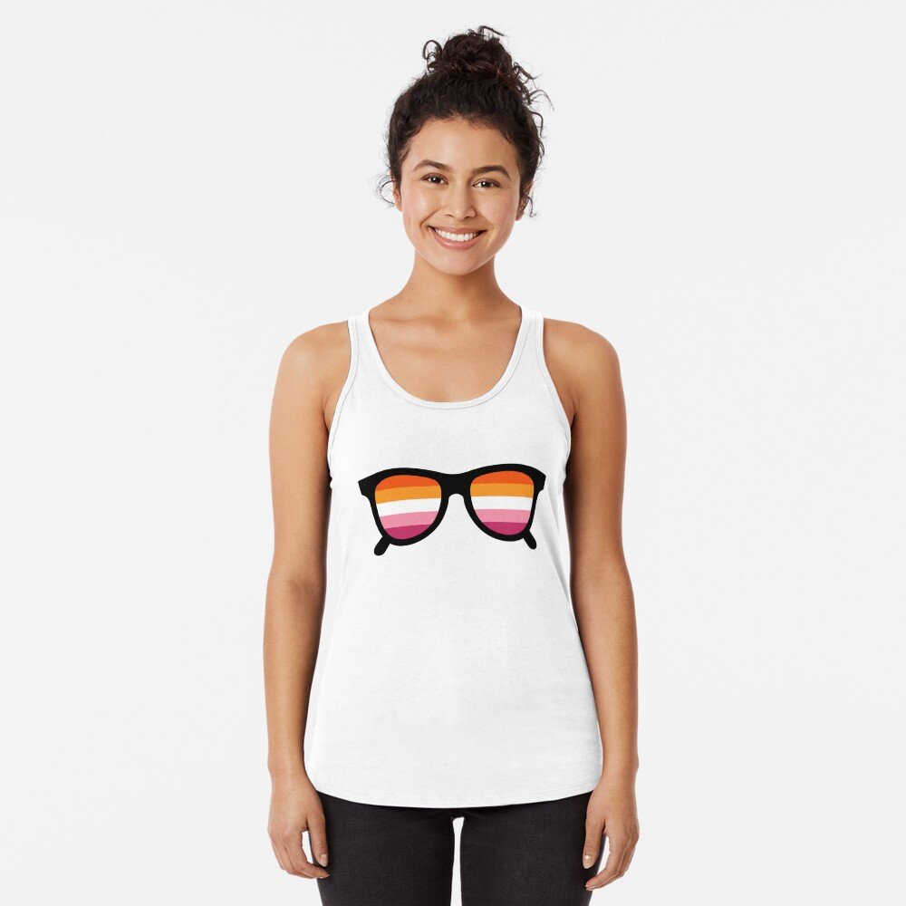 woman wearing lesbian flag sunglasses racerback tank top
