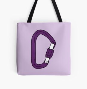 lilac and purple lesbian carabiner symbol on a all over print tote bag