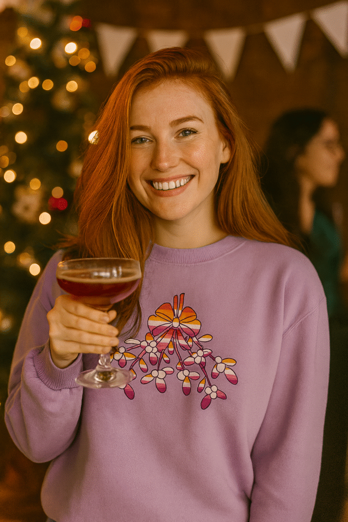 Lesbian with red hair holding a glass and wearing a lesbian flag mistletoe jumper