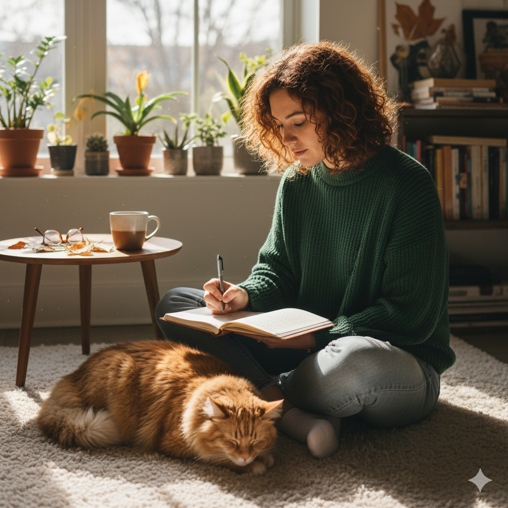 11 Ways to Reclaim Your Happiness After a Relationship Ends lesbian woman with a ginger cat, writing in a journal