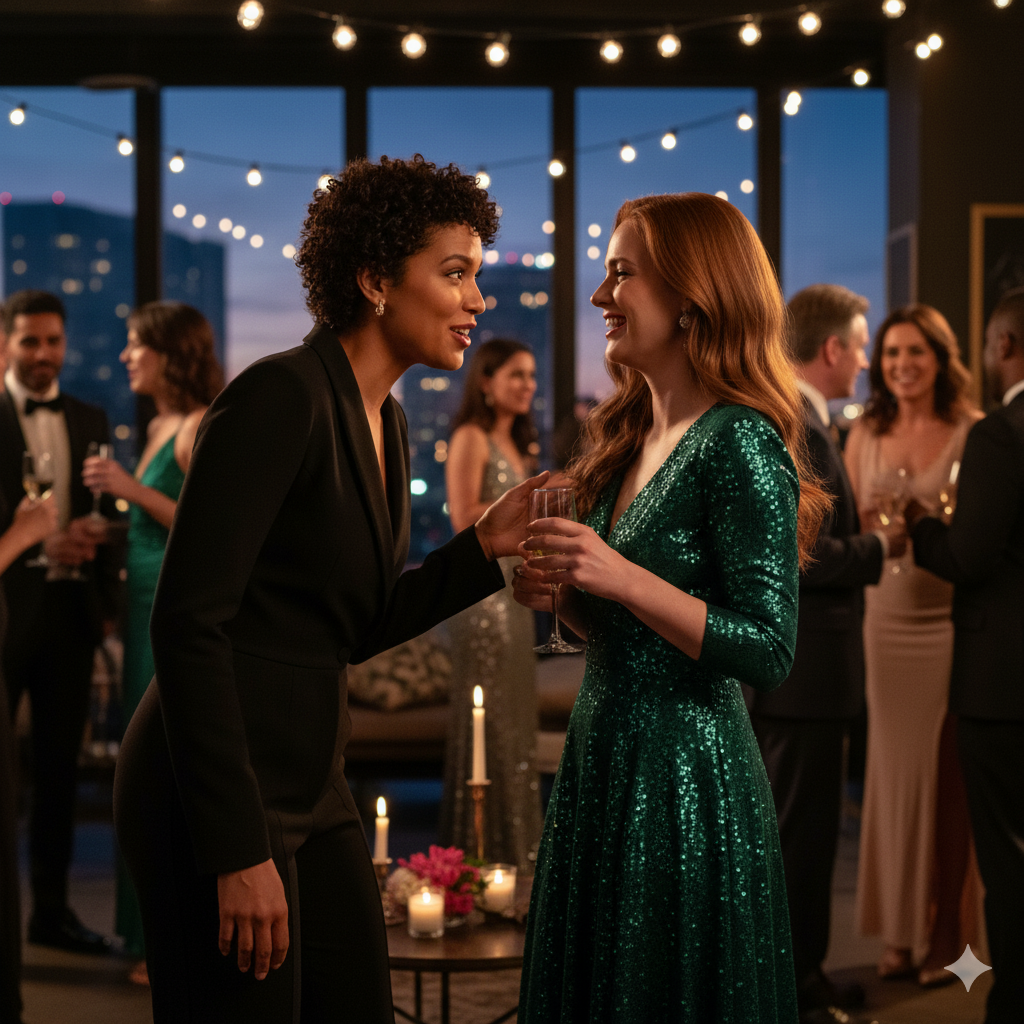 two lesbians flirting at a party