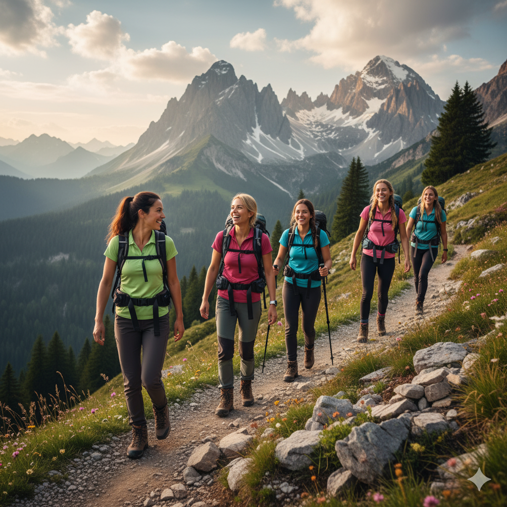 Lesbian hiking group with 5 women hiking in the mountains