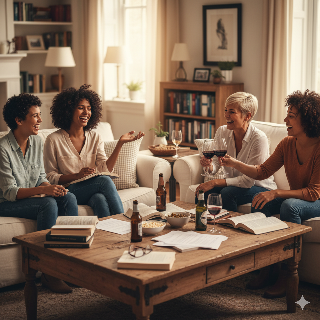 lesbian book club with four women sitting on sofas and chatting