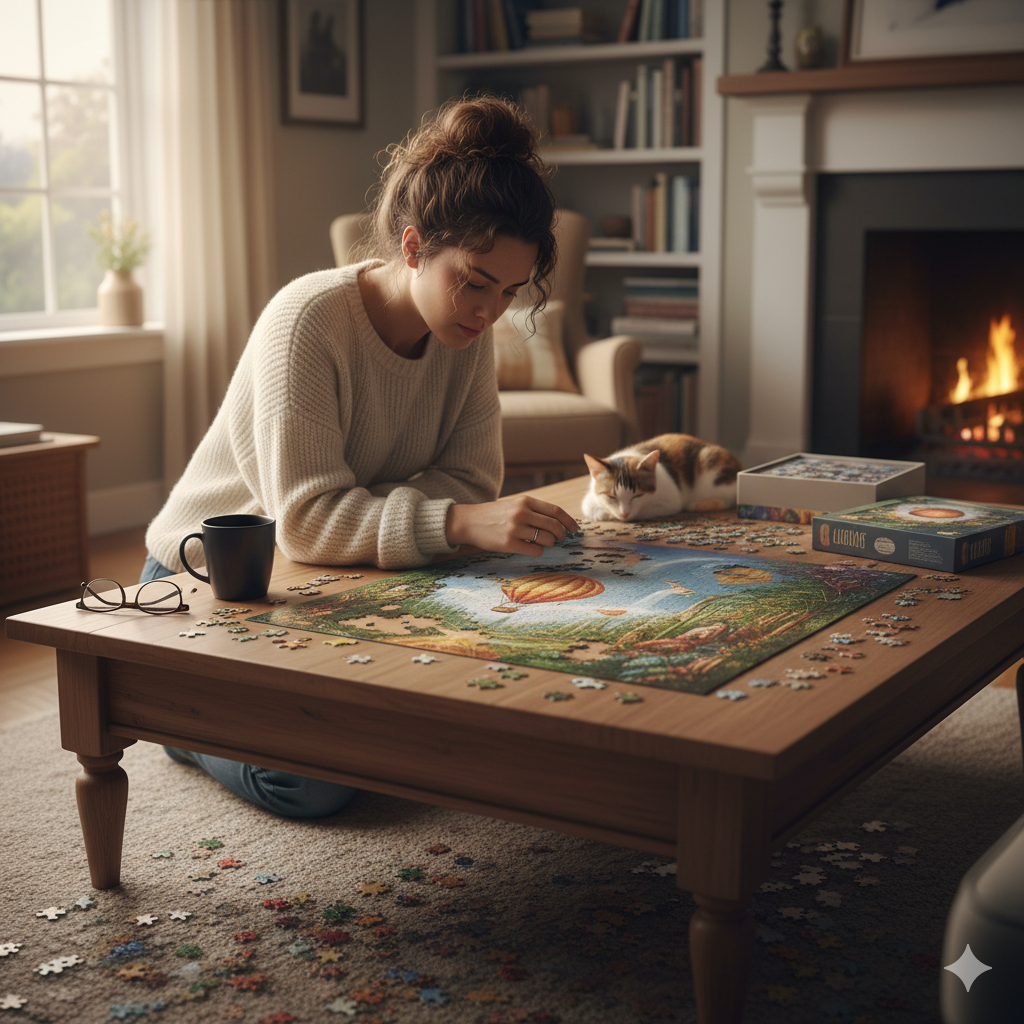 11 Ways to Reclaim Your Happiness After a Relationship Ends lesbian woman with brown hair sitting at a table and doing a jigsaw puzzle