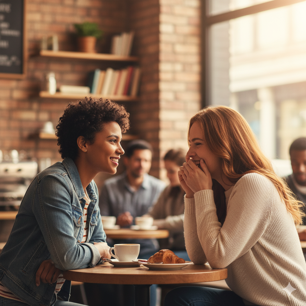 Two women flirting in a coffee shop