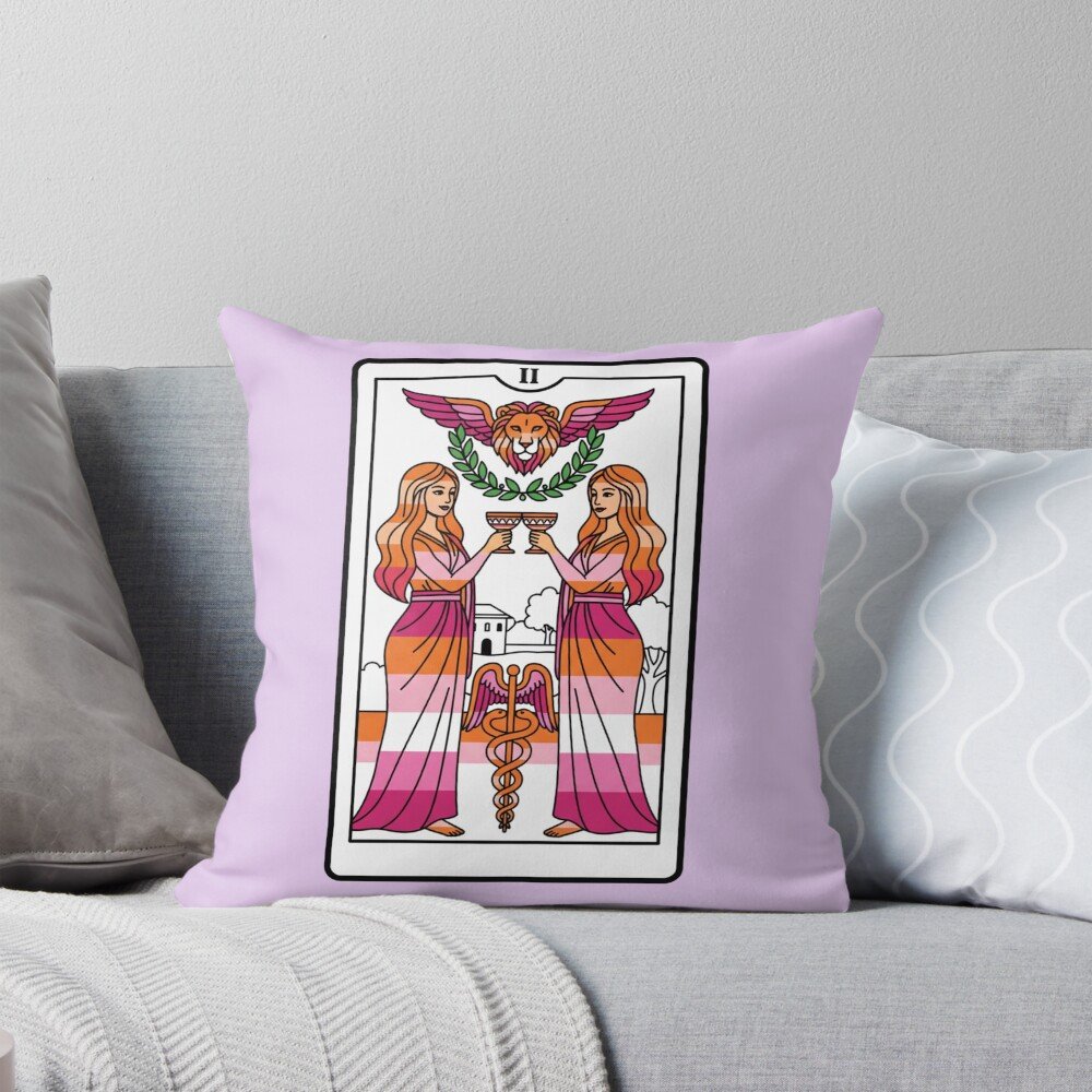 two of cups lesbian tarot card throw pillow